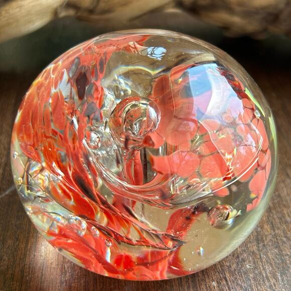 Vintage Blown Glass Paperweight With Controlled Bubbles Red Orange Swirl - Picture 2 of 9